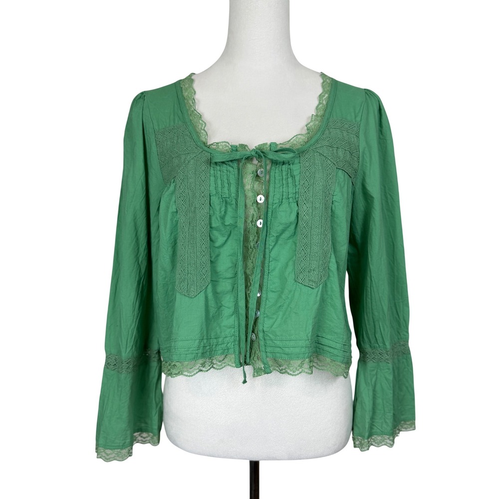 Unbranded Women Cotton Blouse S Green Lace Trim Boho Bell Sleeve Button Front